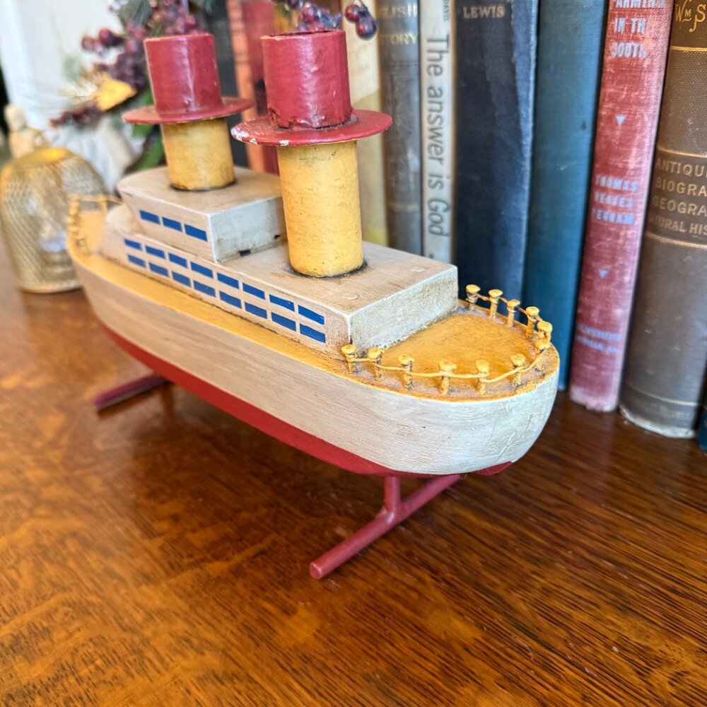 Unique Hand carved Wooden Ship Candle Holder 12.5" Long - Picture 8 of 17